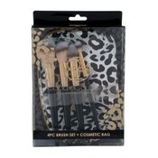 Wholesale - 5pc Brush set inclusing Leopard print Cosmetic Bag C/P 12, UPC: 091141395261